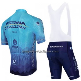 Completo Maglia + Pantaloncino con bretelle 2023 Astana Qazaqstan Manica Corta Blu